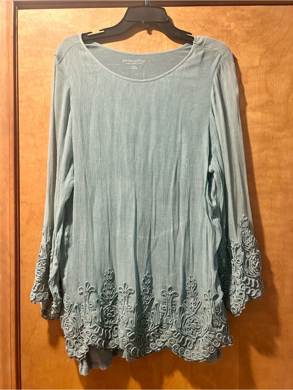 Soft Surroundings Seafoam Green Embroidered Hem & Cuff Tunic